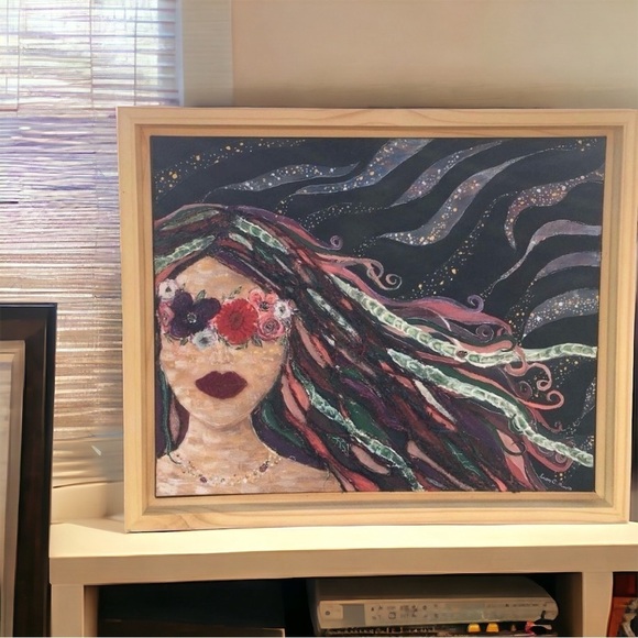 Boho Painting with Embroidered Flowers, Girl Mother Nature Art, Witchy Decor - Picture 1 of 12